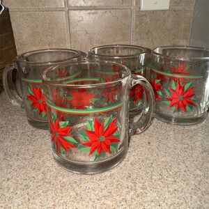 Libbey Holiday Poinsettia Glass Coffee Mugs Set of 4 Christmas